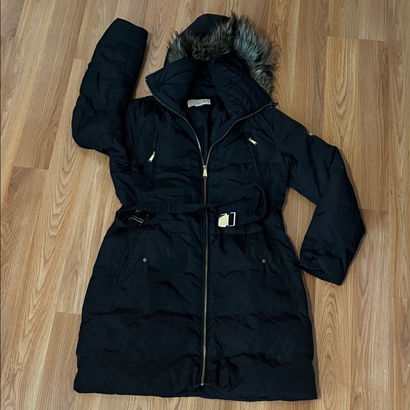 MICHAEL Michael Kors Black Puffer Coat with Fur Hood - Picture 1 of 11